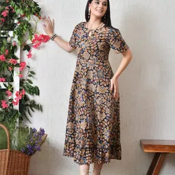 Sangria Floral Print Keyhole Neck Ruffled Fit & Flare Midi Dress-picture-19