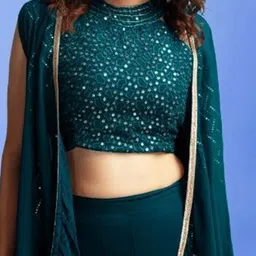 PARROT CREATION Geometric Embroidered Halter Neck Crop Top With Palazzos & Shrug image 4