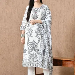 HARIKS Women Floral Printed Regular Pure Cotton Kurti with Trousers & Dupatta-picture-18