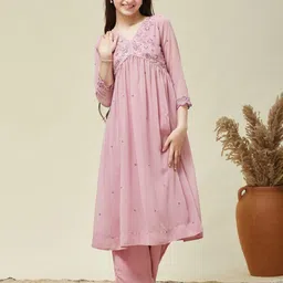 CurlyTales Girls Floral Embroidered V-Neck A-Line Midi Dress-picture-26