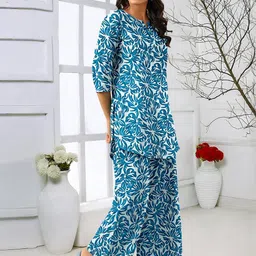 SZN Women Floral Printed Regular Pure Cotton Kurta with Trousers image 4