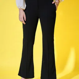BUY NEW TREND Women Straight Fit High-Rise Wrinkle Free Pleated Bootcut Trousers-image-7