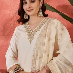 Sangria Ethnic Motifs Embroidered Straight Kurta & Trousers With Dupatta image 4