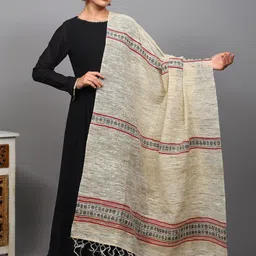 Exotic India Textured Thread Work Tasselled Border Detail Khadi Dupatta-picture-10