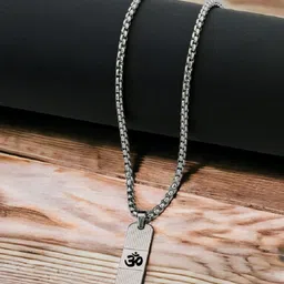 SZN Men Silver-Plated Rectangular Om Design Pendant with Chain-picture-30