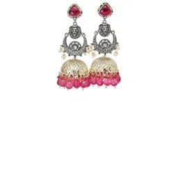 MEIRA JEWELLERY Silver Plated Artificial Stones Studded And Beaded Dome Oxidised Jhumkas image 2