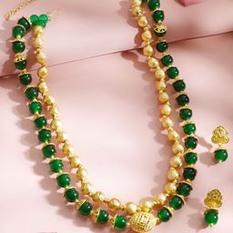 Rubans 22K Gold-Plated Brass Green & Gold Beaded Double-Layer Handcrafted Necklace Set-picture-24