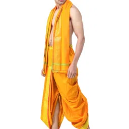 Exotic India Men Ready to Wear Dhoti and Angavastram Set with Woven Golden Leaves Border image 4