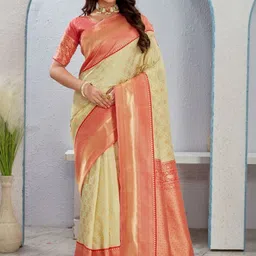 VASTRAAVEDAA Ethnic Motifs Woven Design Zari Banarasi Saree With Unstitched Blouse-picture-31