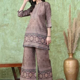 LIYALA Printed Mandarin Collar Top With Palazzos image 5