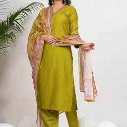KALINI Floral Embroidered V-Neck Straight Kurta With Trousers & Dupatta-picture-12