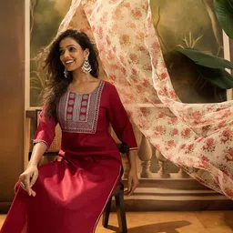 Sangria Embroidered Straight Kurta With Trousers & Dupatta image 3