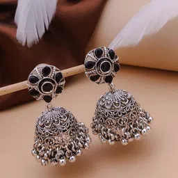 SOLIBELLE German Silver Plated Oxidised American Diamond Studded & Ghungroo Dome Jhumkas image 3