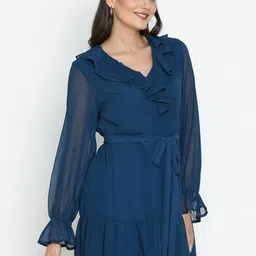 DRAAX Fashions Georgette Puff Sleeve Fit & Flare Ruffles Mini Dress image 4