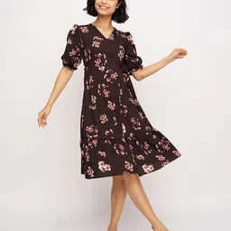 AASK Women Floral Print Puff Sleeve Fit & Flare Dress-picture-23