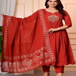 AREEH Women Ethnic Motifs Embroidered Empire Thread Work Pure Cotton Kurta with Trousers & With Dupatta-picture-51