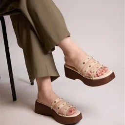 CAI Gold Stud Strap Cream Platform Heel Sandals-picture-22