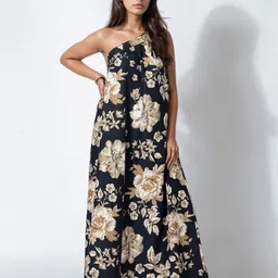 DressBerry Women Floral Printed One Shoulder Linen Tie-Ups Fit & Flare Maxi Dress-picture-19