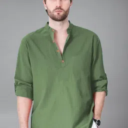 APEKTRA Band Collar Roll-Up Sleeves Straight Short Kurta-picture-26