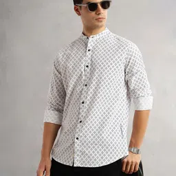 Thomas Scott Classic Slim Fit Geometric Printed Mandarin Collar Cotton Casual Shirt-image-30