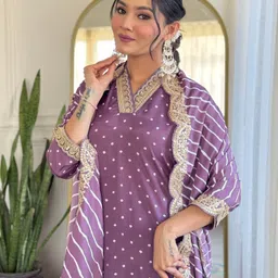 KALINI Women Bandhani Embroidered Empire Thread Work Kurta with Trousers & With Dupatta image 2