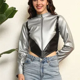 BAESD Women Colourblocked Leather Lightweight Crop Bomber Jacket-image-29