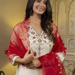 Moda Rapido Women Floral Embroidered Regular Zardozi Kurta with Trousers And Dupatta image 2