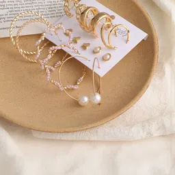 Zaphariq Set Of 9 Silver-Plated Pearls Beaded Circular Hoop Earrings-image-6