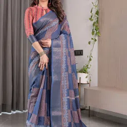 ALMAARI FASHION Ethnic Motifs Woven Design Zari Pure Cotton Banarasi Saree & Blouse Piece image 3