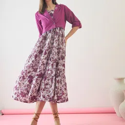 ZUMMER Floral Printed Shoulder Straps Fit & Flare Midi Dress with Embroidered Jacket-image-82