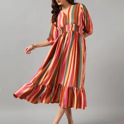 Krunal Raiyani Women Striped Puff Sleeves Fit & Flare Midi Dress-image-10