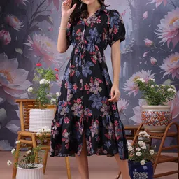 Moda Rapido Women Floral Shirt Collar Flounce Fit & Flare Midi Dress-picture-10