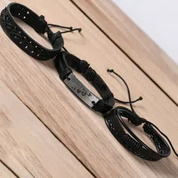 MEENAZ Men Set Of 3 Wraparound Tribal Leather Bracelet image 3