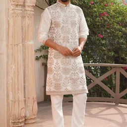 Jompers Floral Embroidered Thread Work Mandarin Collar Kurta With Pyjamas-picture-37