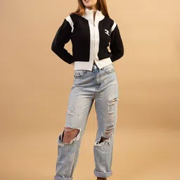 all about you Women Colourblocked High Neck Ribbed Front-Open Woollen Sweater image 3