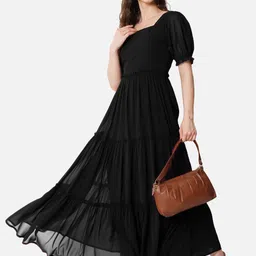 Krunal Raiyani Women Bell Sleeve Applique Georgette Fit & Flare Solid Maxi Dress-image-13