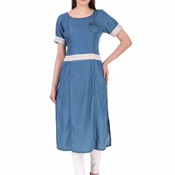 Pose india Women Round Neck Pure Cotton Denim Straight Kurta-image-29