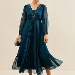 Antheaa Embellished Chiffon Fit & Flare Midi Dress image 4
