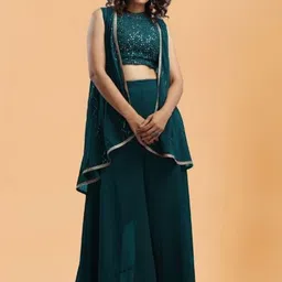 PARROT CREATION Floral Embroidered Poly Georgette Crop Top With Long Shrug & Palazzos-picture-15