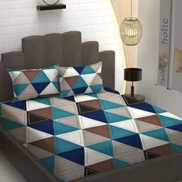 YaAkholic Blue & White Geometric 210 TC Queen Bedsheet with 2 Pillow Covers-image-11