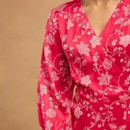 Fabindia Floral Printed V-Neck Puff Sleeves Wrap Midi Dress image 3
