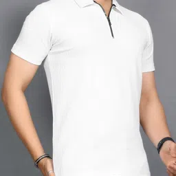 sti Men Self Design Zip Neck Polyester White T-Shirt image 3