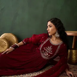 Sangria Floral Yoke Design Pleated Sequinned Kurta With Trousers & Dupatta image 1