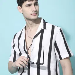 THE BEETEL HOUSE Men Relaxed Fit Cuban Collar Vertical Striped Casual Shirt-picture-20