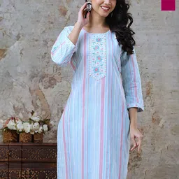 AUZAAI COLLECTION Selection Of 2 Floral Embroidered Thread Work Straight Pure Cotton Kurta-picture-14