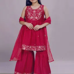 CurlyTales Girls Woven Design Yoke Design Kurti with Sharara & Dupatta-picture-47