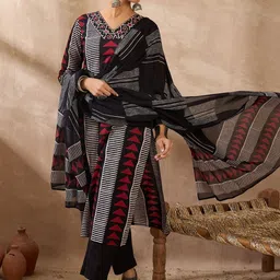Indo Era Women Printed Regular Thread Work Pure Cotton Kurta with Trousers & With Dupatta image 5