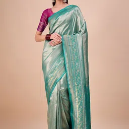House of Pataudi Woven Design Kanjeevaram Tissue Saree With Blouse Piece-picture-22