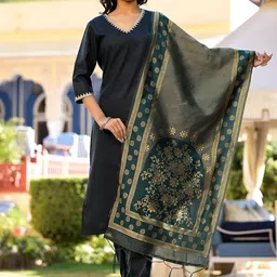 Vishudh V Neck Thread Work Straight Kurta With Trousers & With Dupatta-picture-14