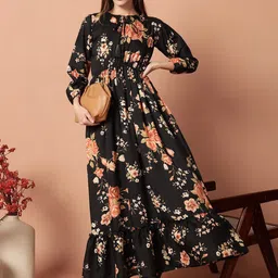 Krunal Raiyani Print Tie-Up Neck Applique Crepe Fit & Flare Maxi Dress-image-58
